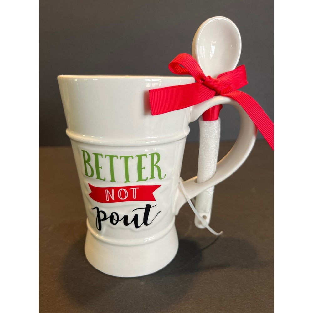 New Holiday Time Better Not Pout Mug w/Spoon White Red Christmas Earthenware11.8